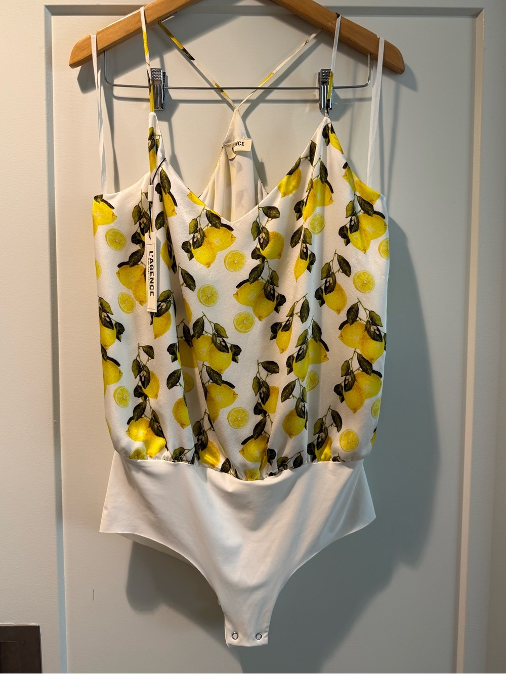 L'AGENCE White Lemon-Print Silk Bodysuit Size Large - Picture 2 of 16